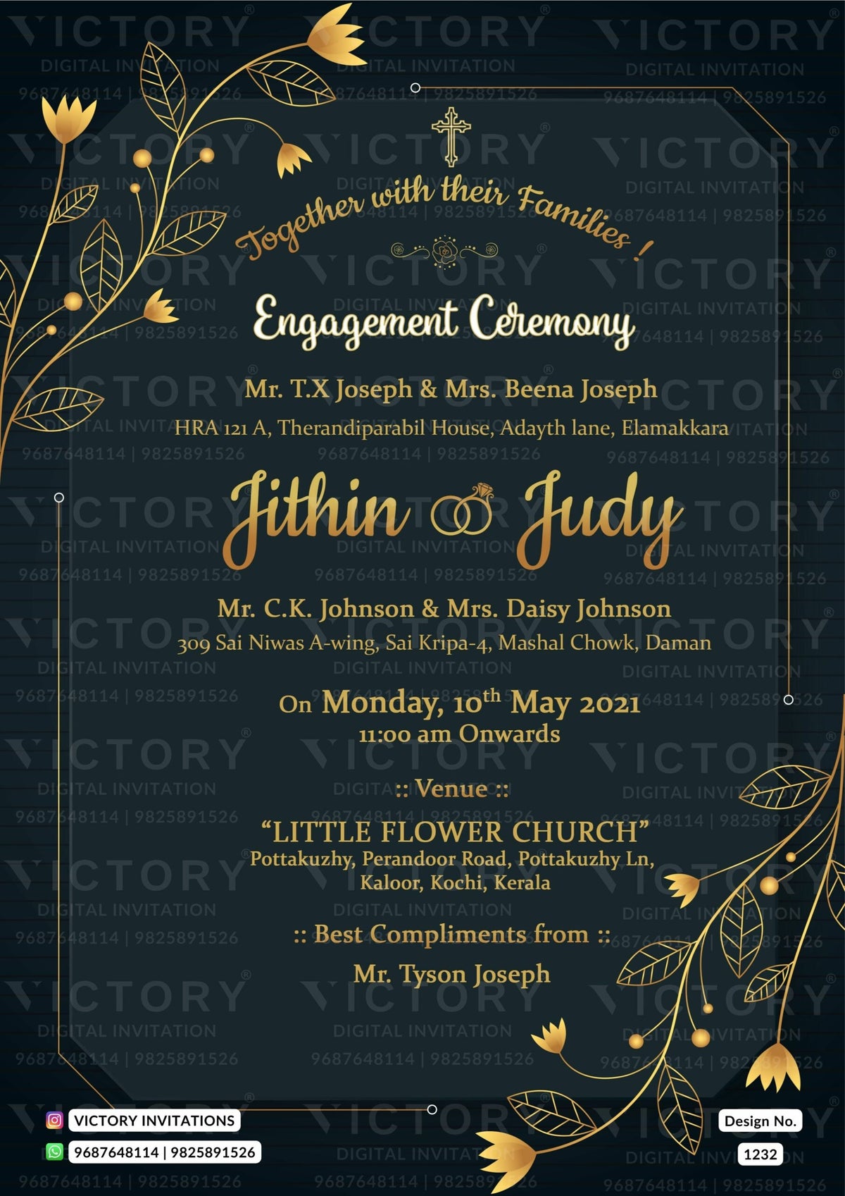 Engagement ceremony invitation card in english language with golden leaves and flowers as golden frame theme design 1232