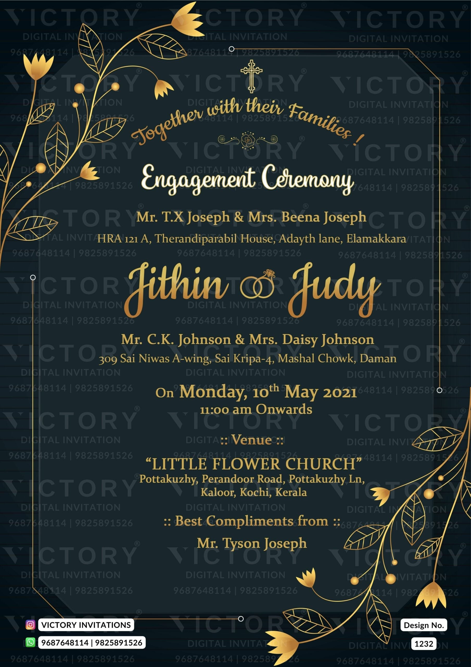 Engagement ceremony invitation card in english language with golden leaves and flowers as golden frame theme design 1232