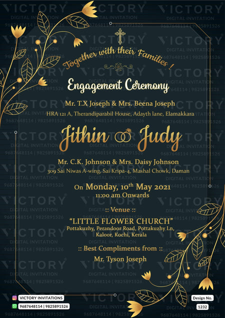 Engagement ceremony invitation card in english language with golden leaves and flowers as golden frame theme design 1232