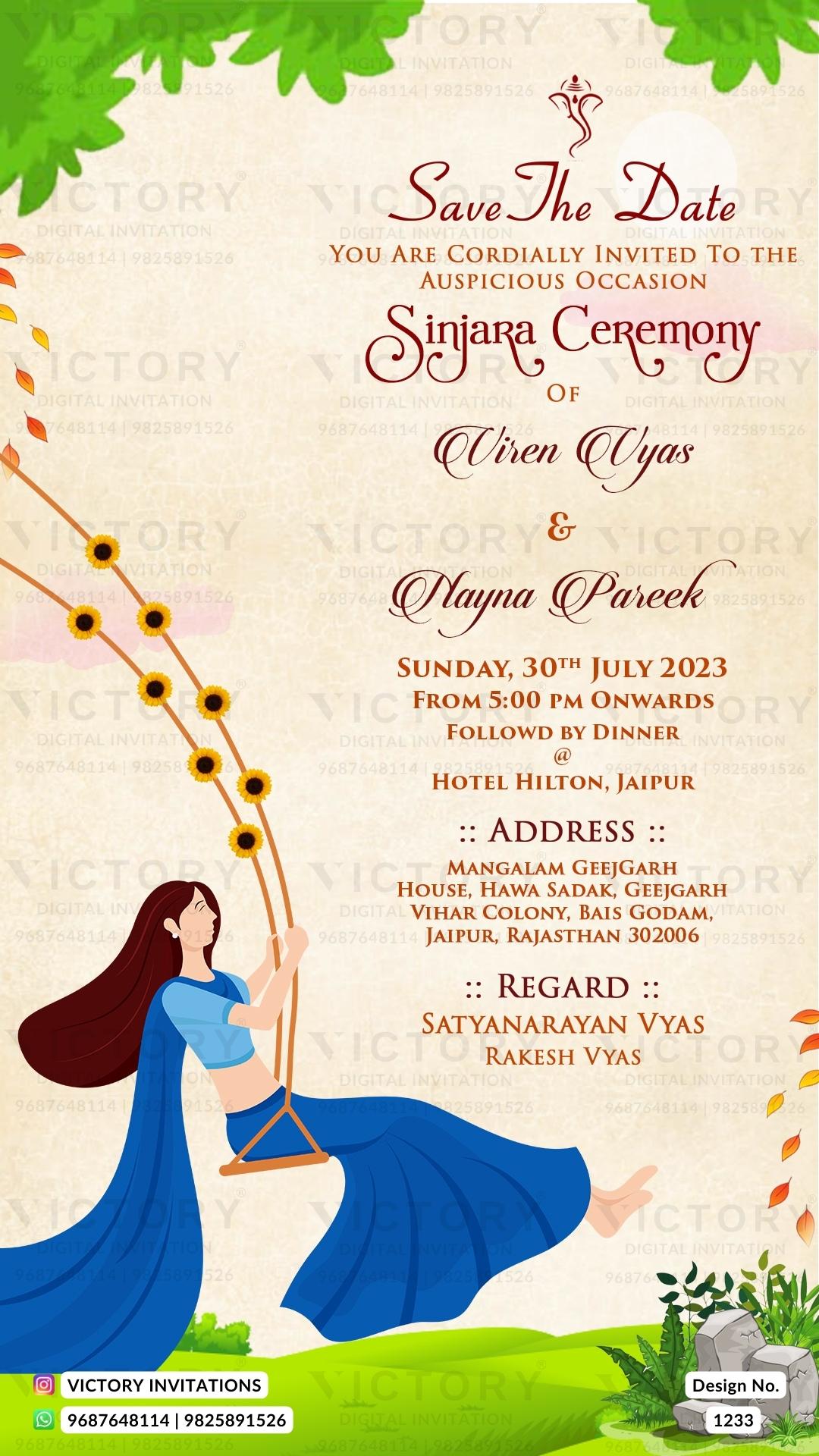 Sinjara ceremony invitation card in english language with girl doodle, sunflowers as garden theme design 1233