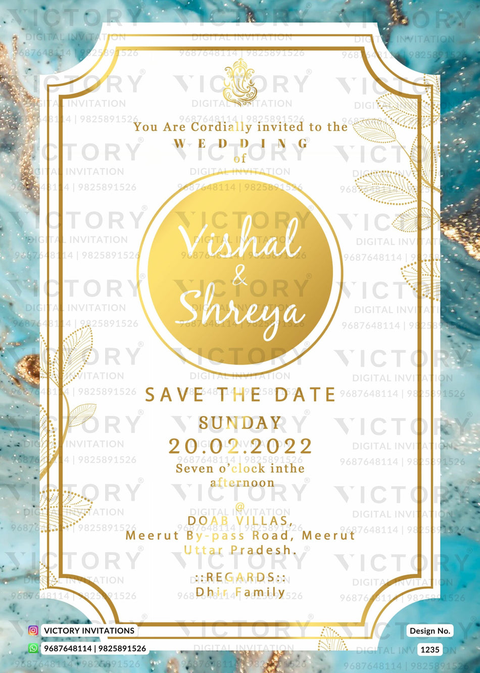 Wedding ceremony invitation card of hindu north indian bhojpuri family in english language with resin art theme design 1235