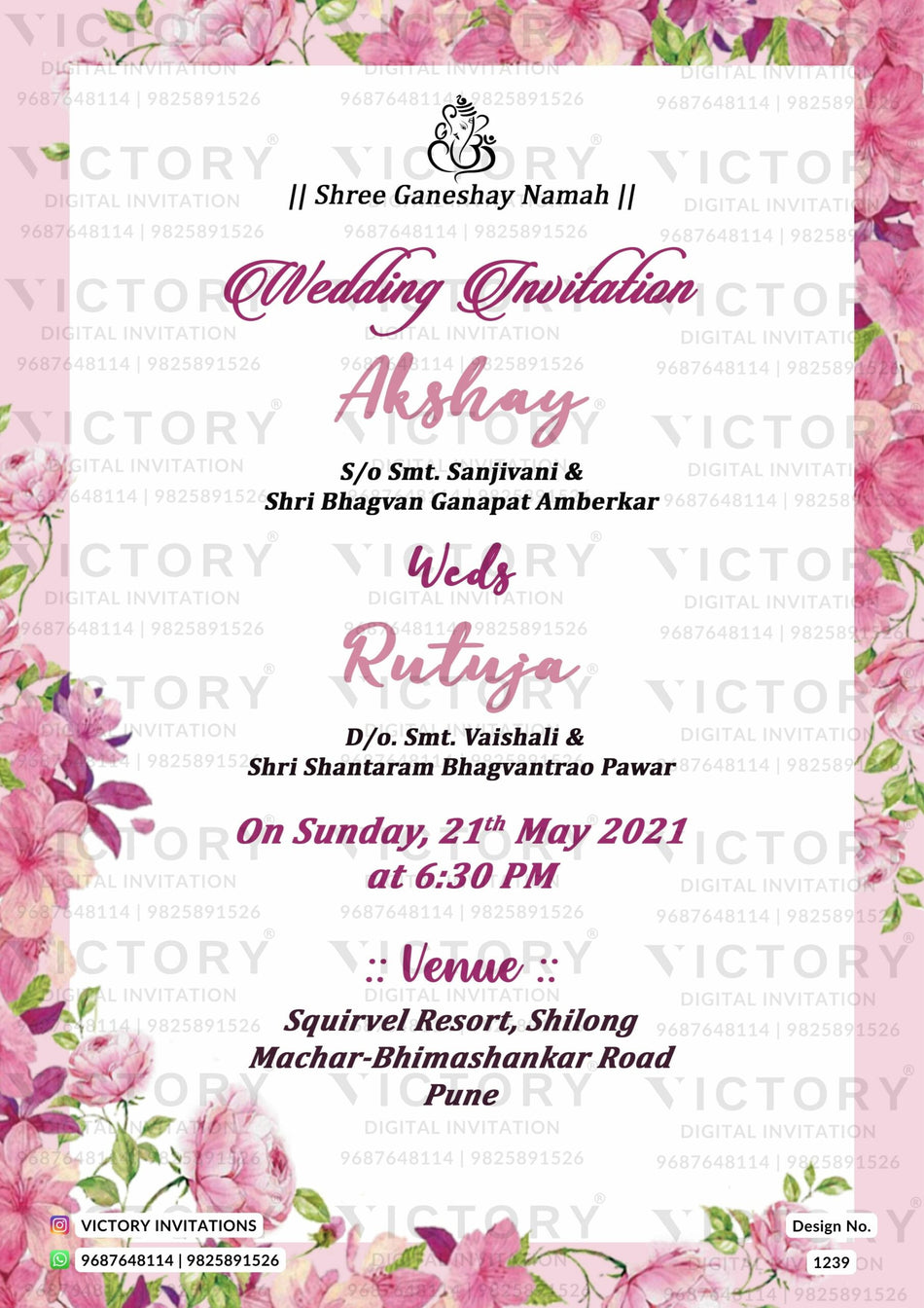 Wedding ceremony invitation card of hindu maharashtrian marathi family in english language with floral theme design 1239