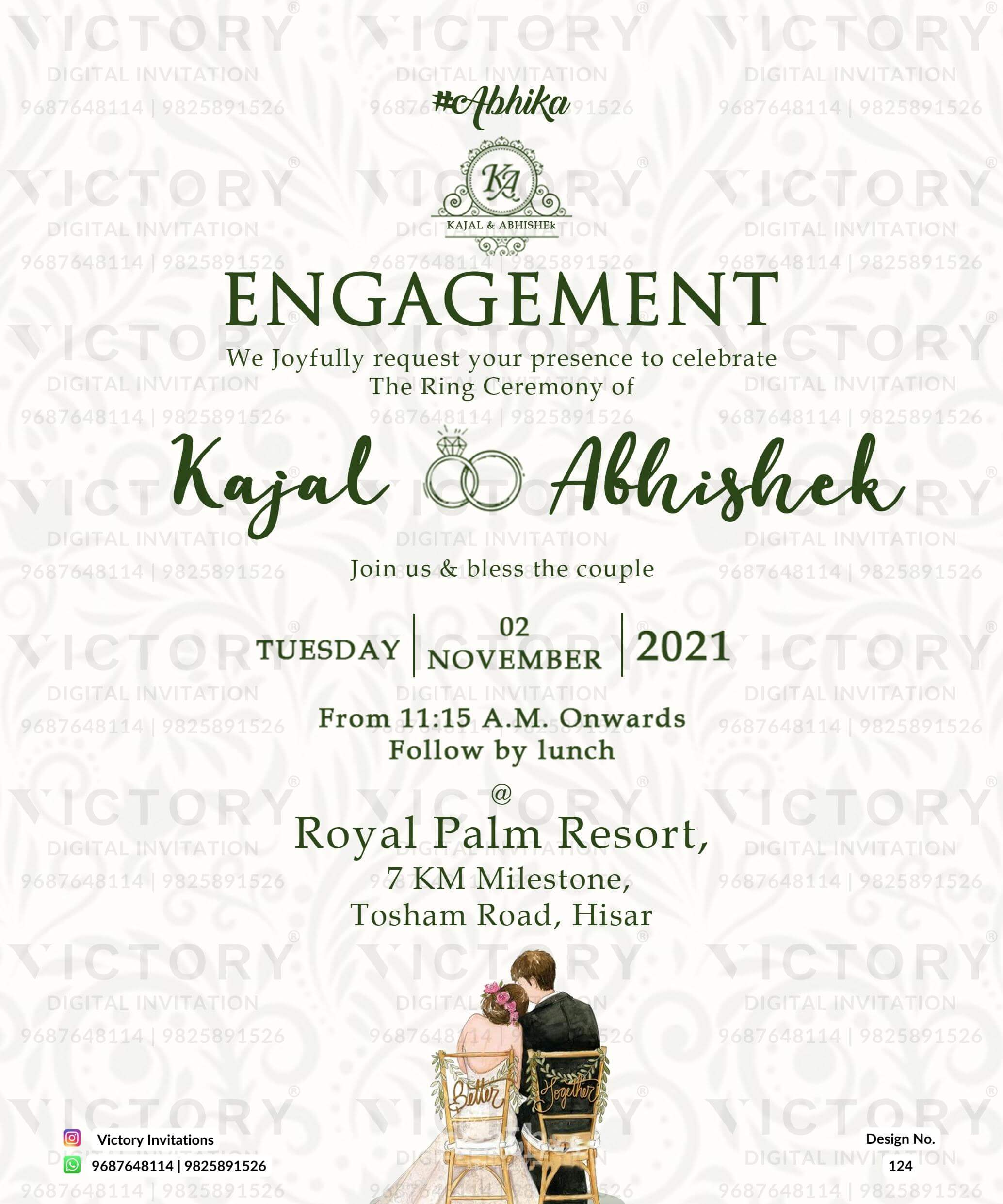 Engagement ceremony invitation card in english language with couple doodle as minimalistic theme design 124