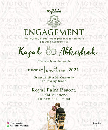 Engagement ceremony invitation card in english language with couple doodle as minimalistic theme design 124