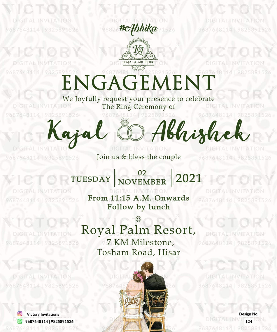 Engagement ceremony invitation card in english language with couple doodle as minimalistic theme design 124