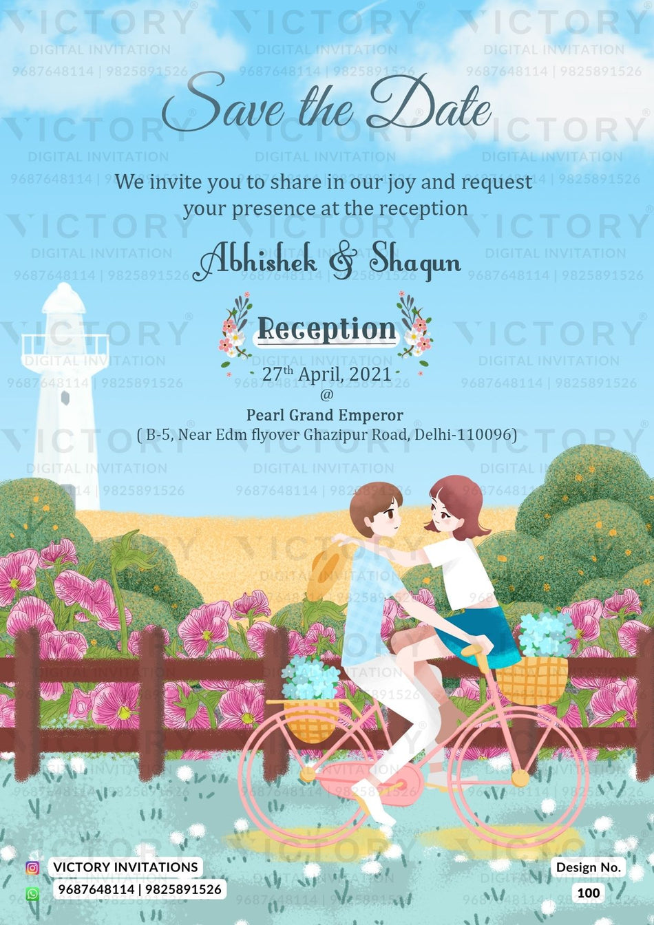 Reception Party invitation card in english language with couple doodle, fence as garden theme design 100
