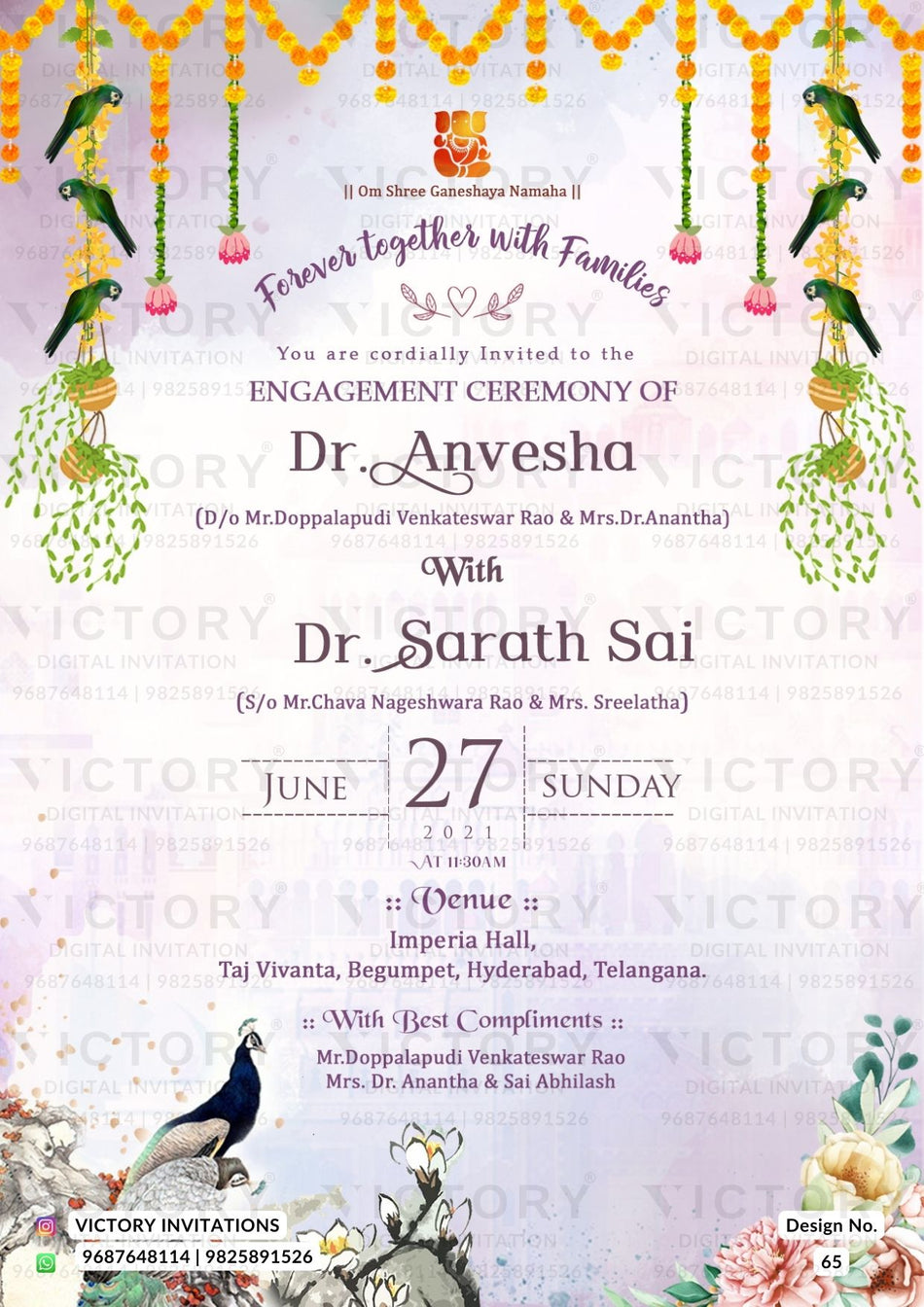 Engagement ceremony invitation card in english language with flowers as traditional theme design 65