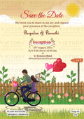 Save the Date card in english language with romantic couple doodle, balloons as garden theme design 152