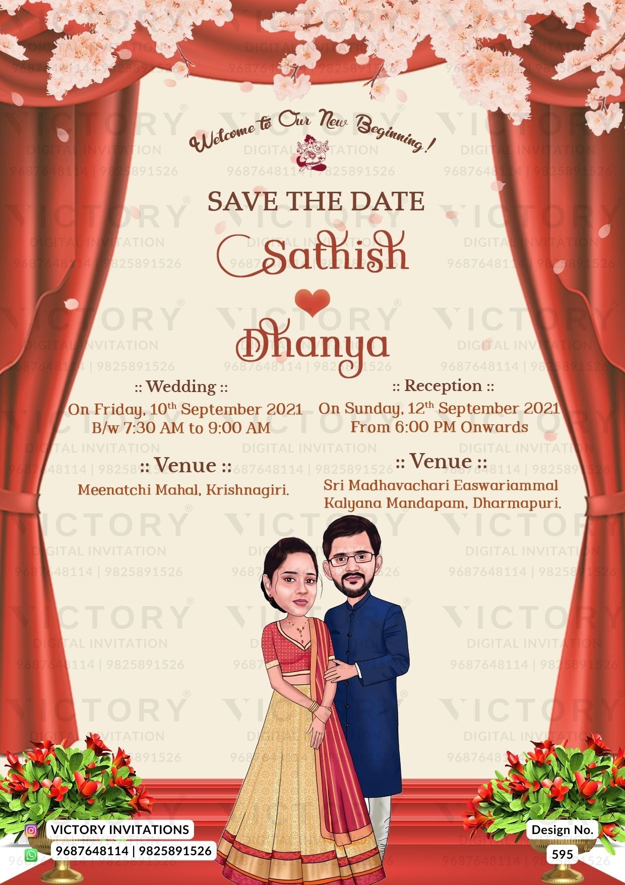 Charming couple caricature invitation card for Save the Date in English language with flowers, curtains as minimalistic theme design 595