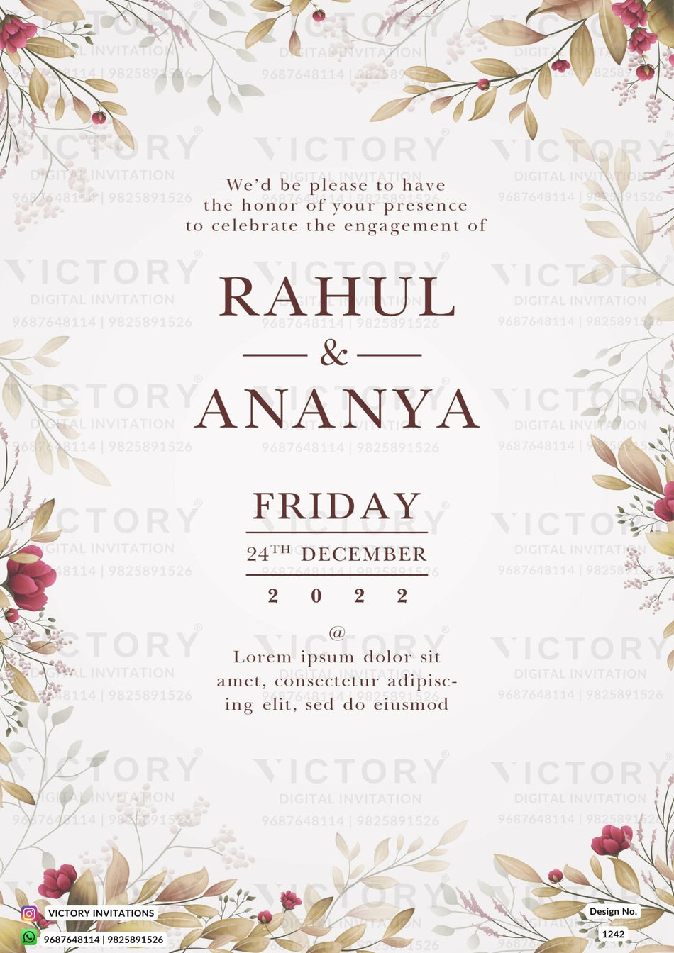 Engagement ceremony invitation card in english language with flowers as artistic leaves theme design 1242