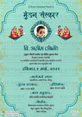 Mundan sanskar ceremony invitation card in hindi language with family doodle, baby photo as arch theme design 1244