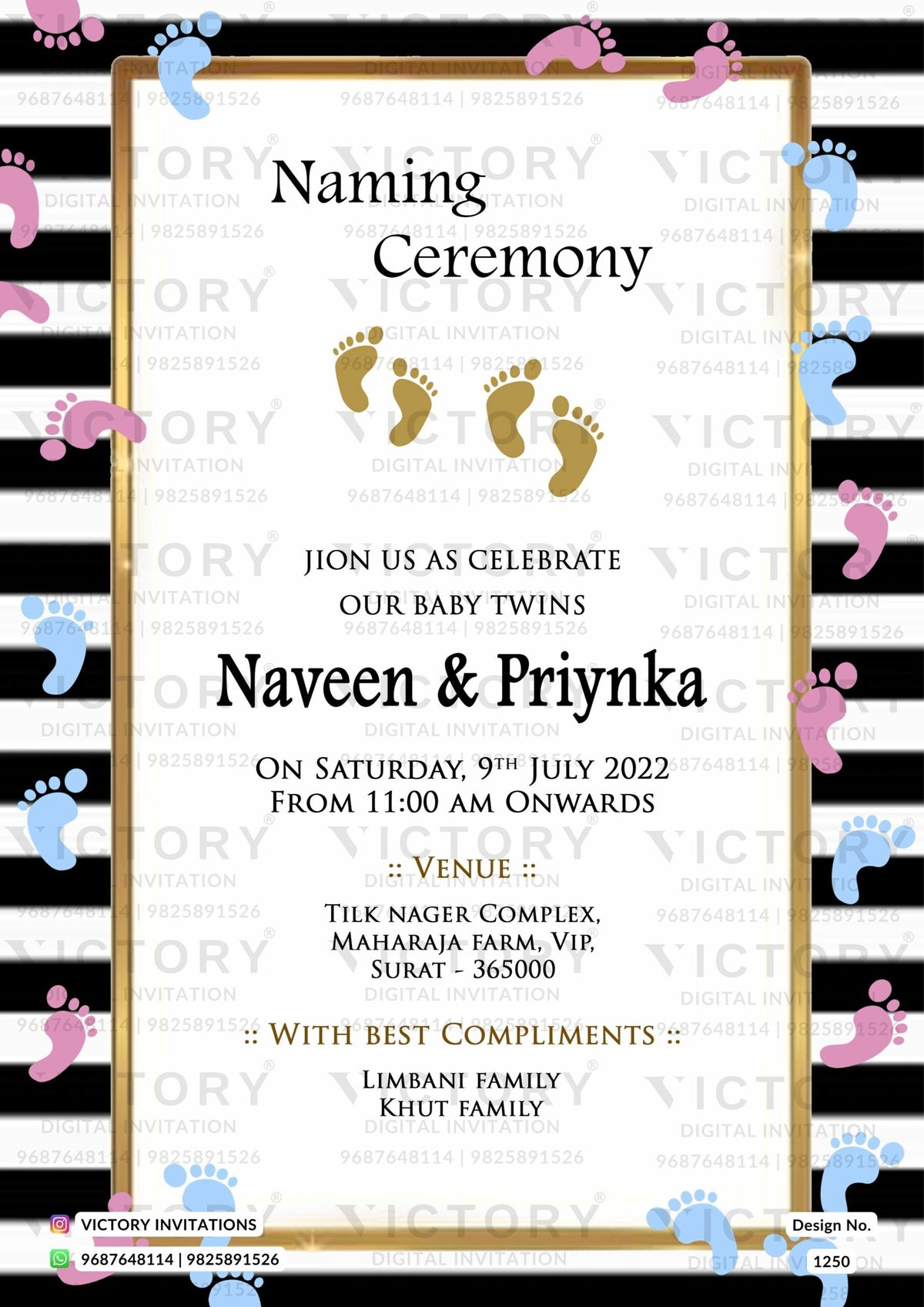 Baby Naming ceremony invitation card in english language with baby leg print as minimalistic theme design 1250