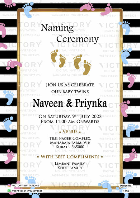 Baby Naming ceremony invitation card in english language with baby leg print as minimalistic theme design 1250