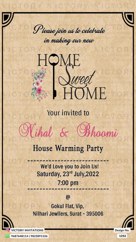 House Warming ceremony invitation card in english language with flowers as frame theme design 1252