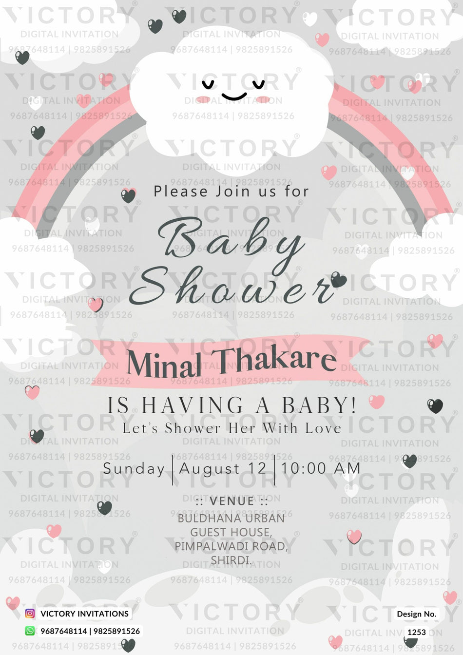 Baby Shower ceremony invitation card in english language with rainbow, heart as cloudy theme design 1253