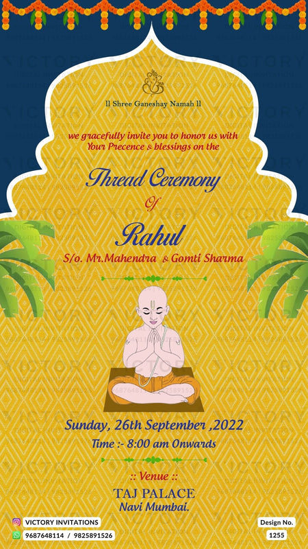 Thread ceremony invitation card in english language with yagnopaveet doodle, leaves as arch frame theme design 1255