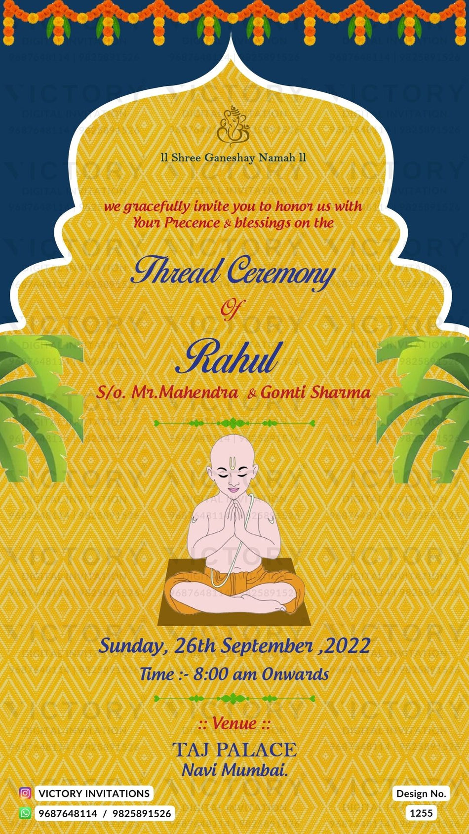 Thread ceremony invitation card in english language with yagnopaveet doodle, leaves as arch frame theme design 1255