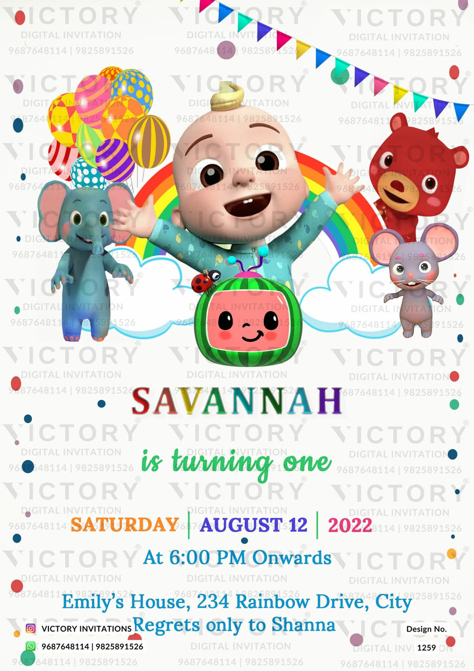 Birthday party invitation card for boy in english language with cocomelon theme design 1259