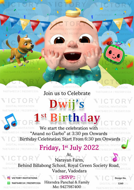 Birthday party invitation card for boy in english language with cocomelon theme design 1260
