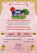 House Warming ceremony invitation card in english language with kalsh, house as traditional theme design 1261