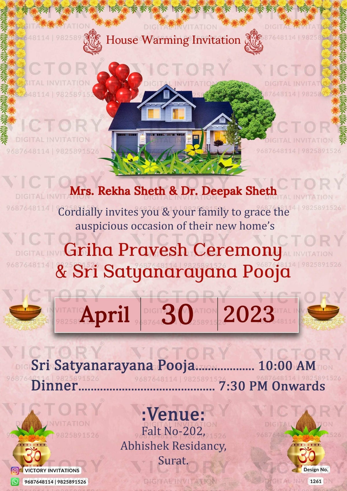 House Warming ceremony invitation card in english language with kalsh, house as traditional theme design 1261