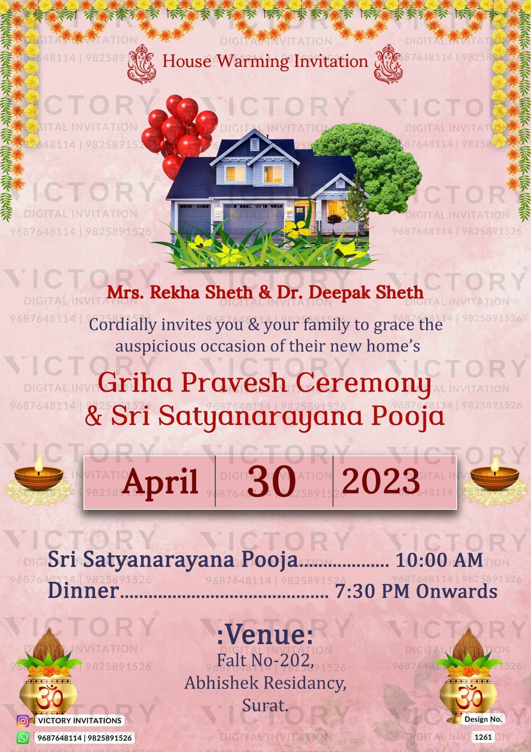 House Warming ceremony invitation card in english language with kalsh, house as traditional theme design 1261