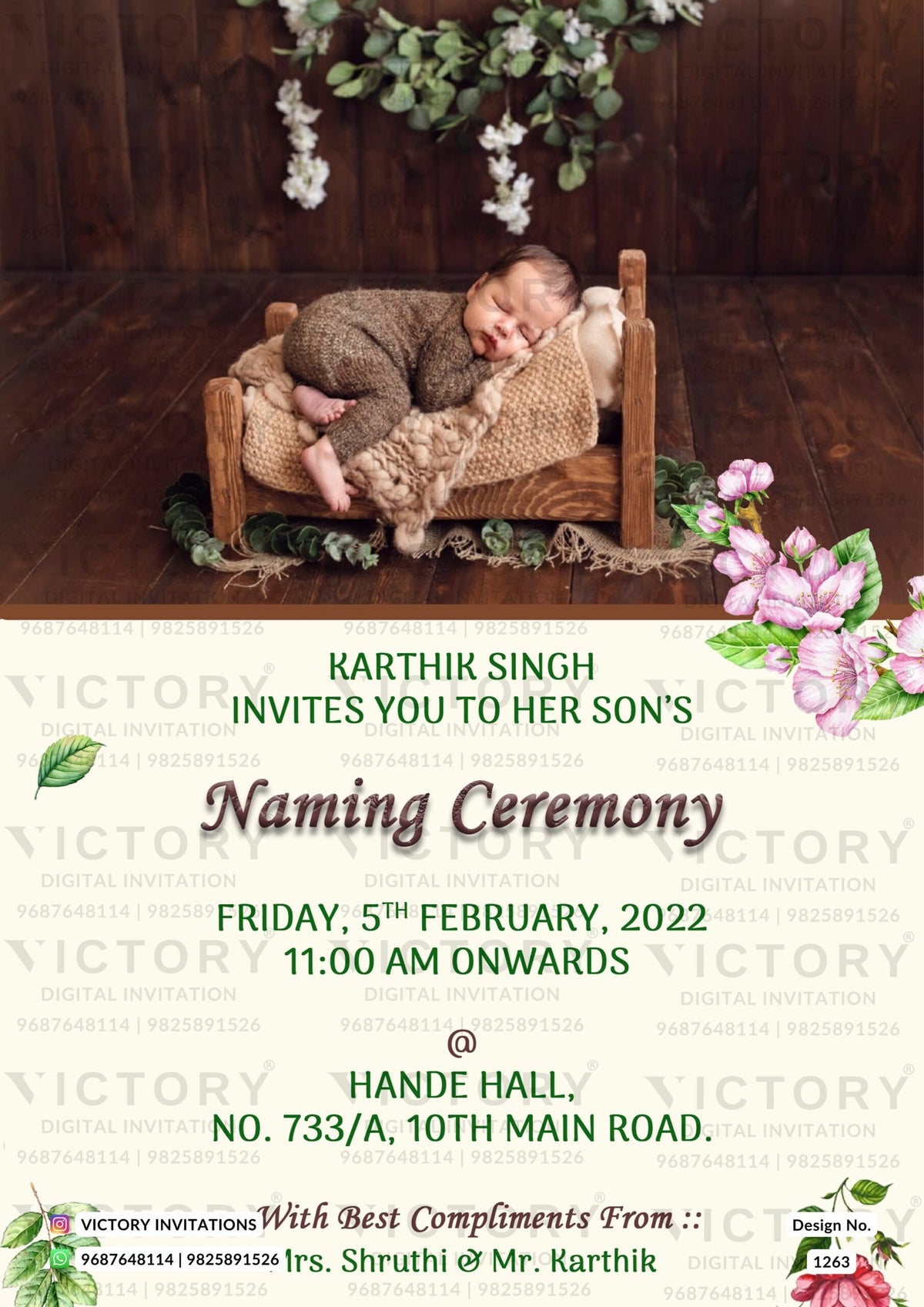 Baby Naming ceremony invitation card in english language with baby photo, leaves, flowers as woodland theme design 1263