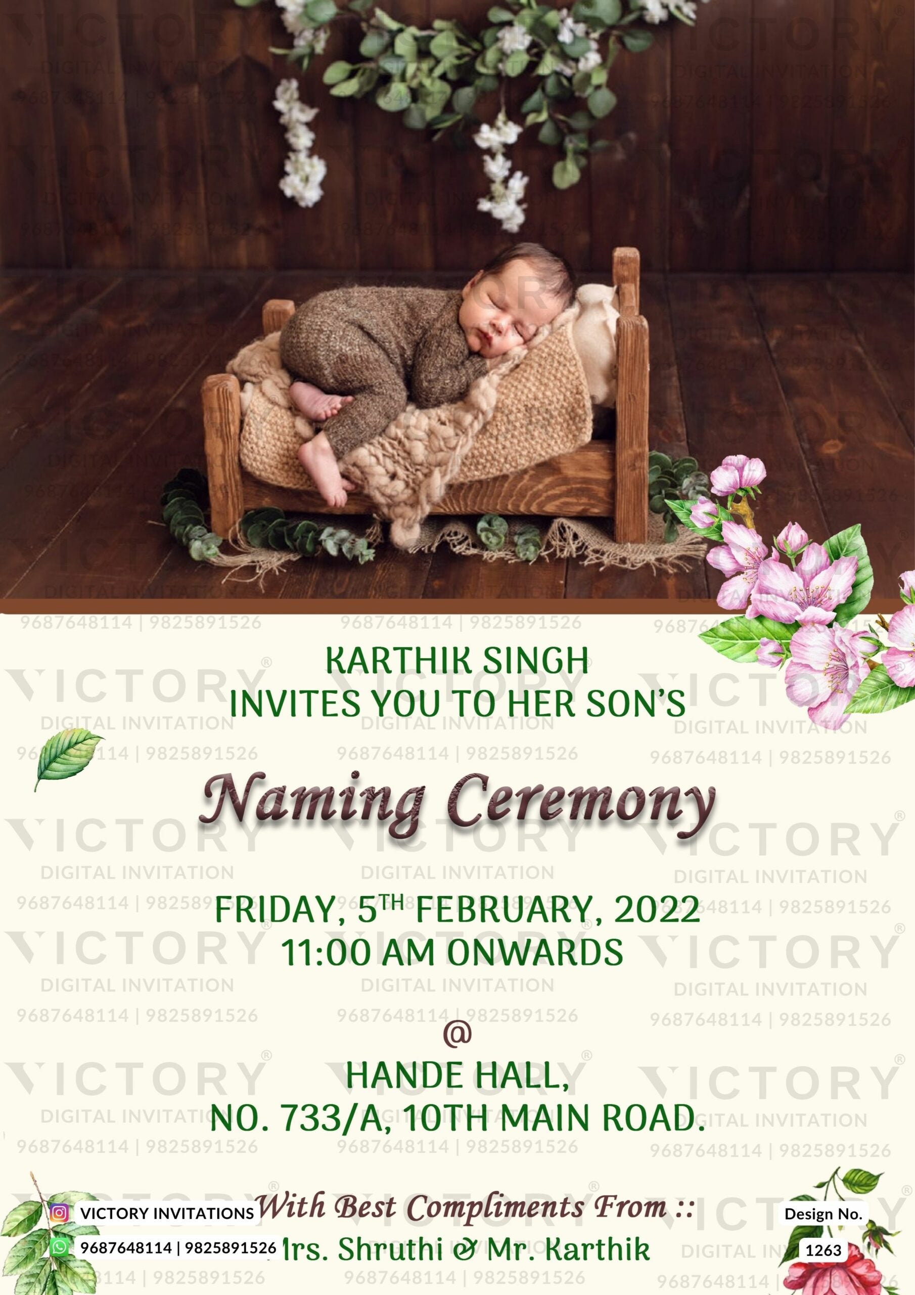 Baby Naming ceremony invitation card in english language with baby photo, leaves, flowers as woodland theme design 1263