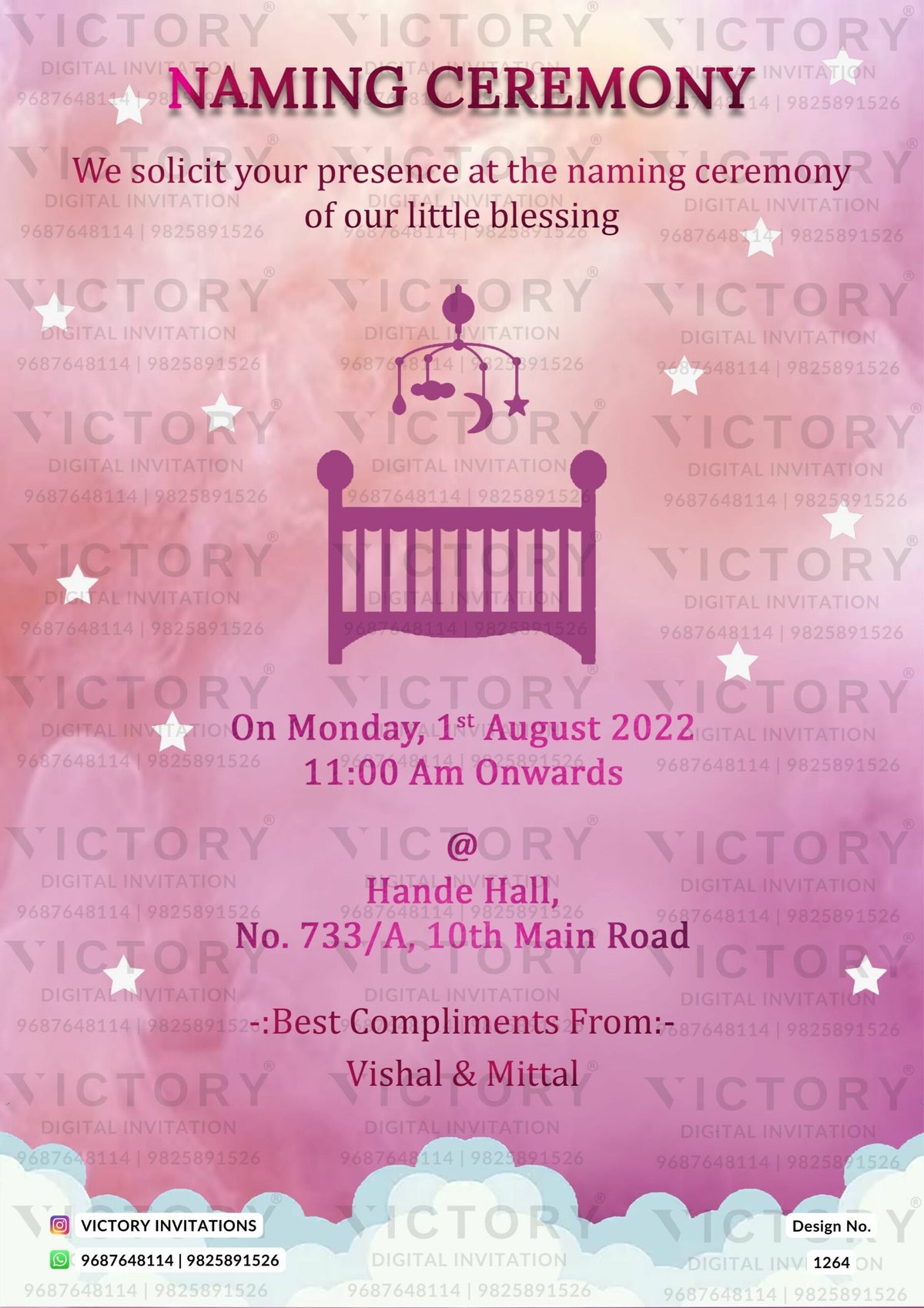 Baby Naming ceremony invitation card in english language with star, cloud, moon as minimalistic theme design 1264