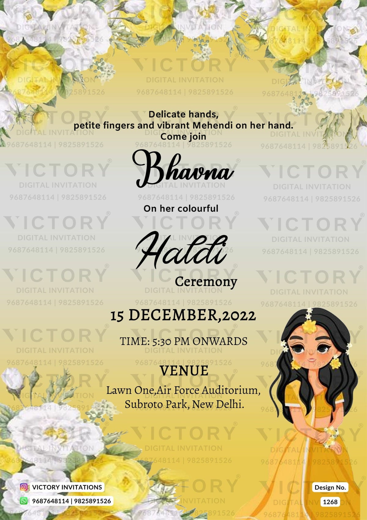 Haldi ceremony invitation card in english language with haldi doodle as flowers as floral theme design 1268
