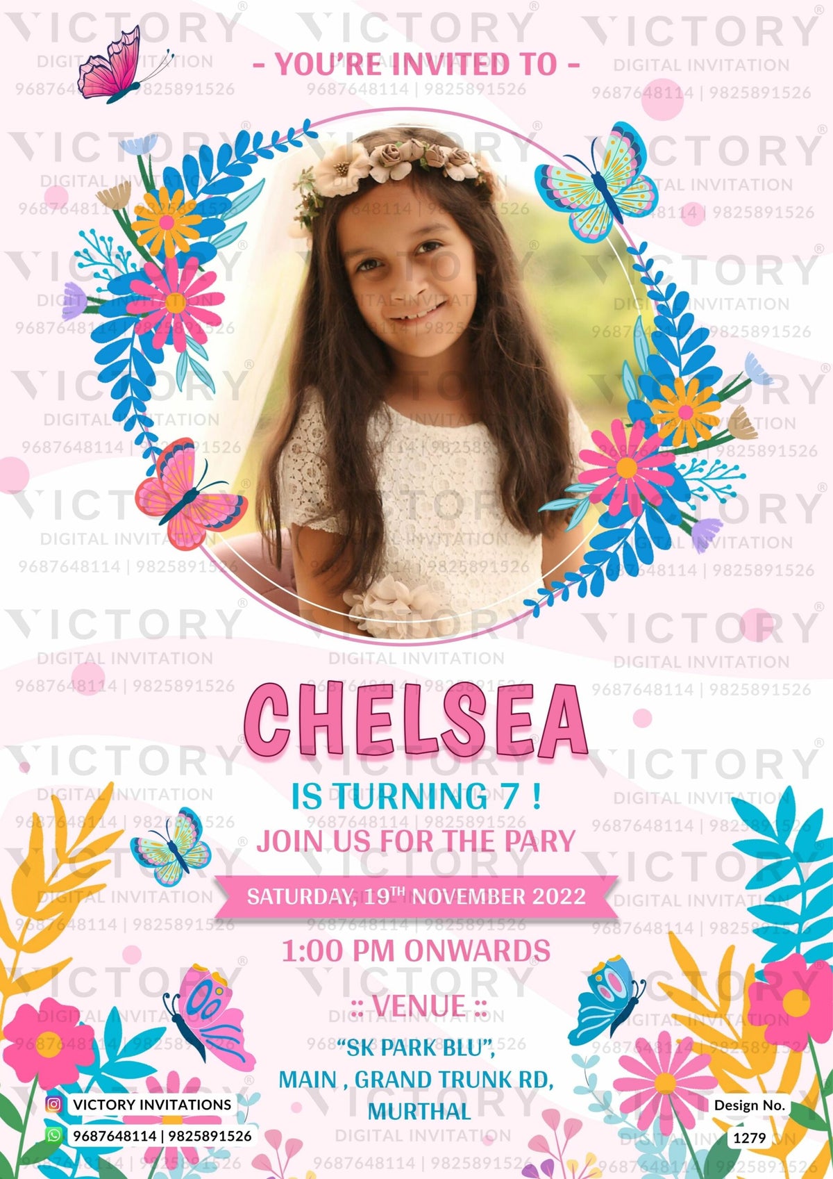Birthday party invitation card in English language with floral theme design 1279