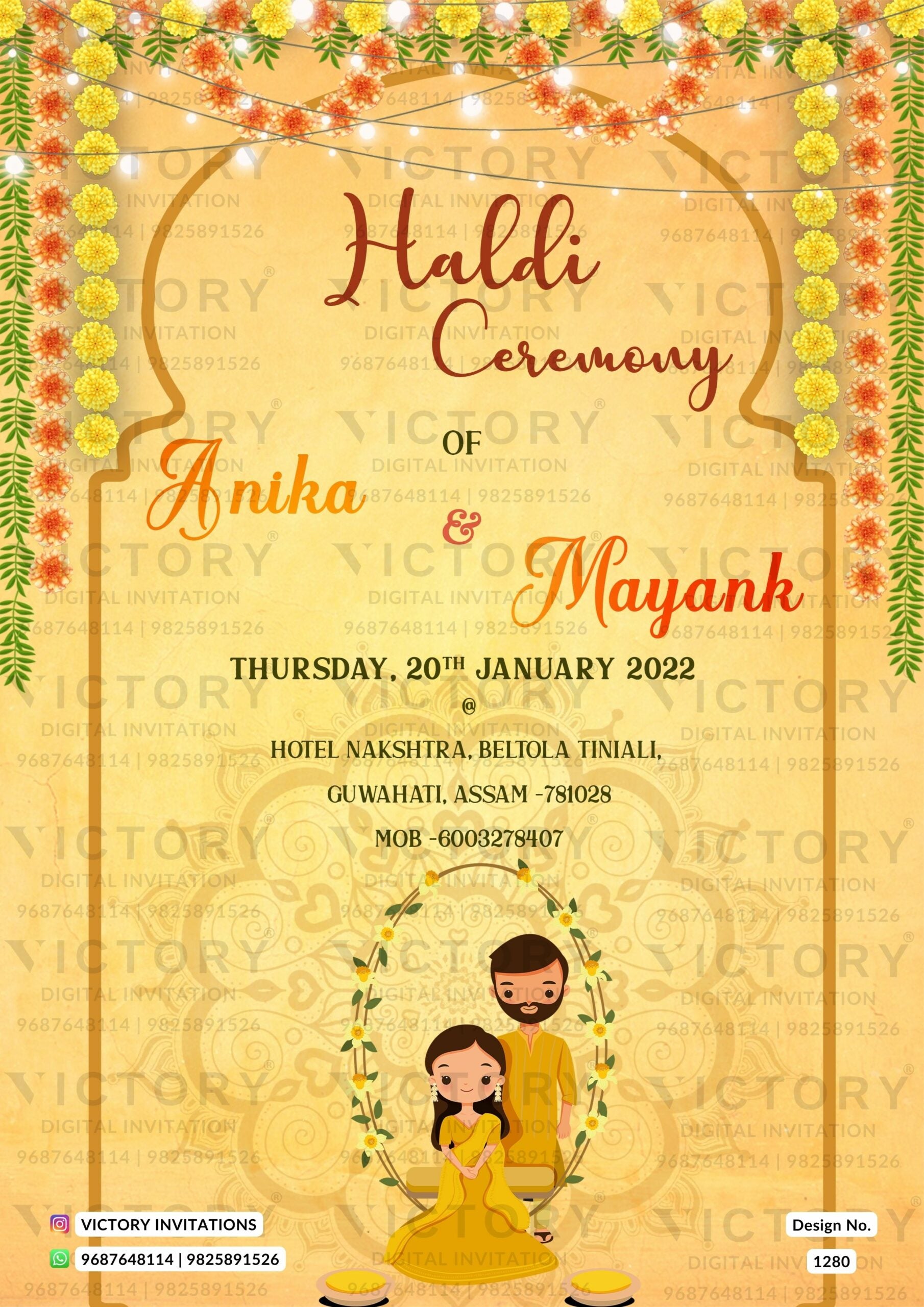 Haldi ceremony invitation card in english language with haldi doodle, marigold garland as arch frame theme design 1280
