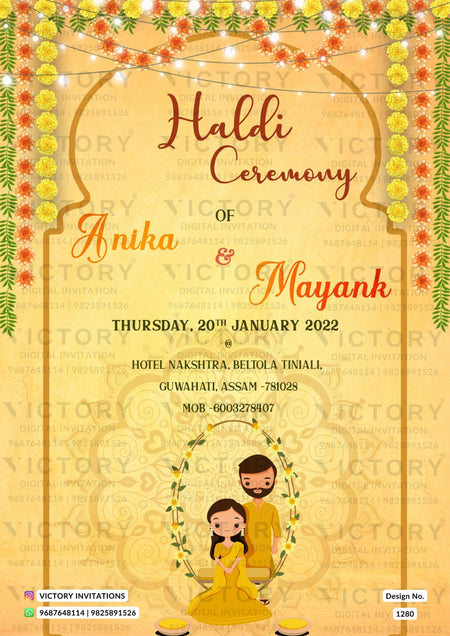 Haldi ceremony invitation card in english language with haldi doodle, marigold garland as arch frame theme design 1280