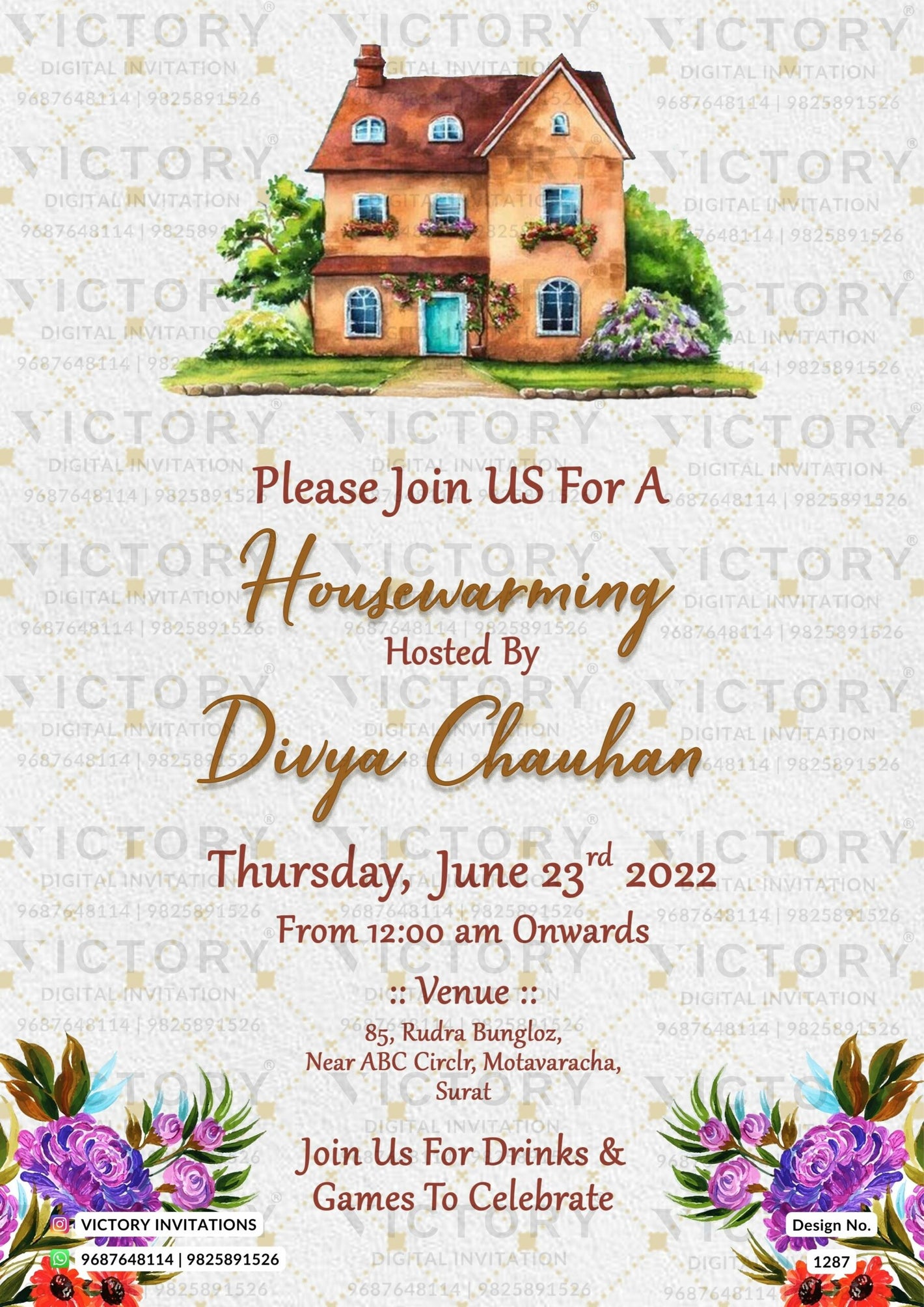 House Warming ceremony invitation card in english language with flower, house as minimalistic theme design 1287