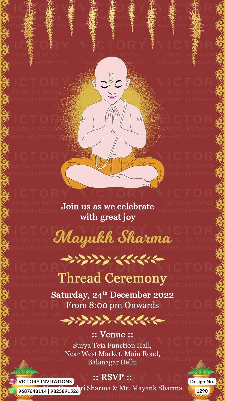 Thread ceremony invitation card in english language with yagnopaveet doodle as minimalistic theme design 1290