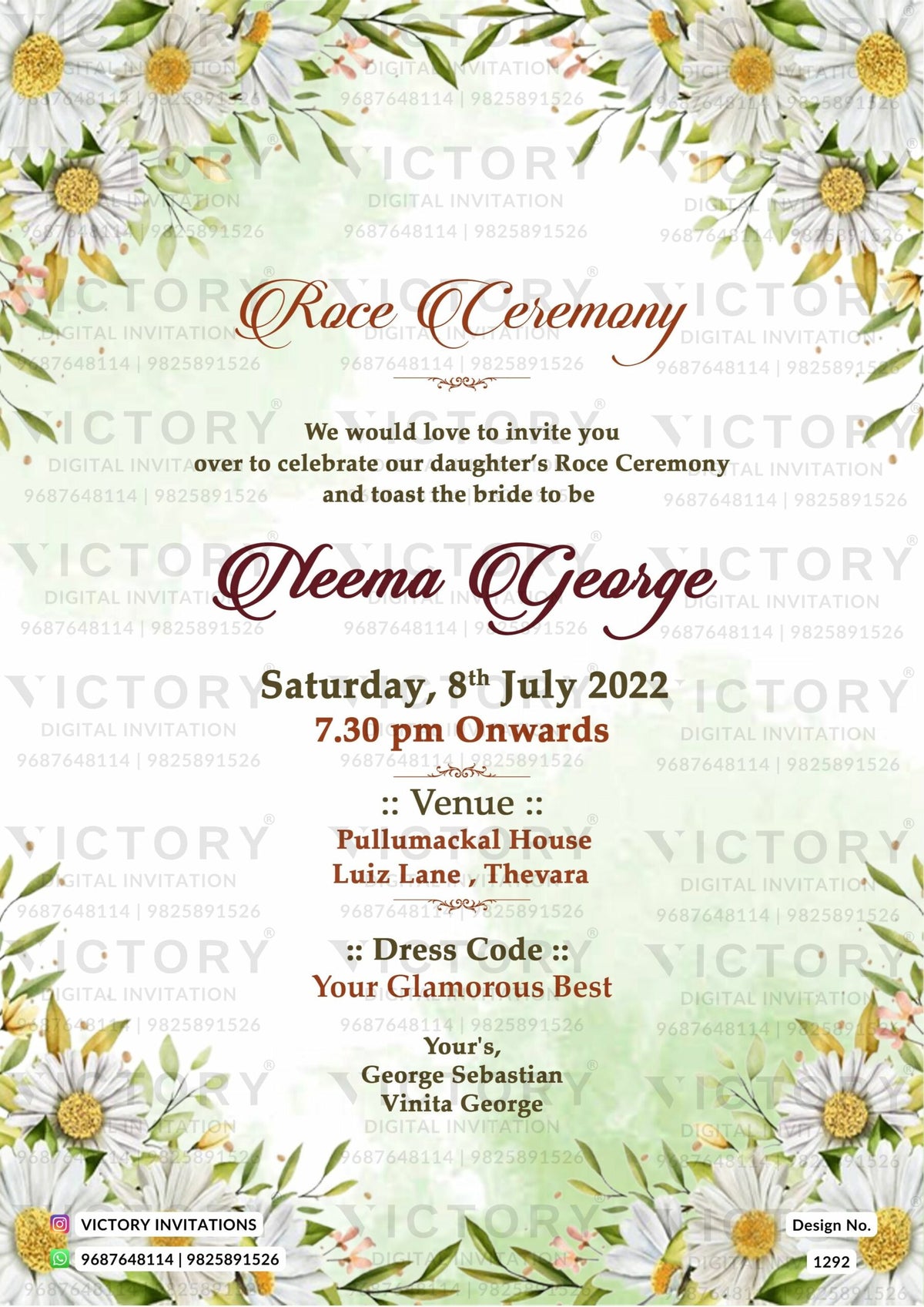 Roce ceremony invitation card in english language with flowers as floral theme design 1292
