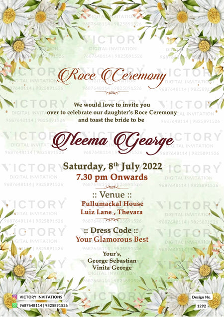 Roce ceremony invitation card in english language with flowers as floral theme design 1292
