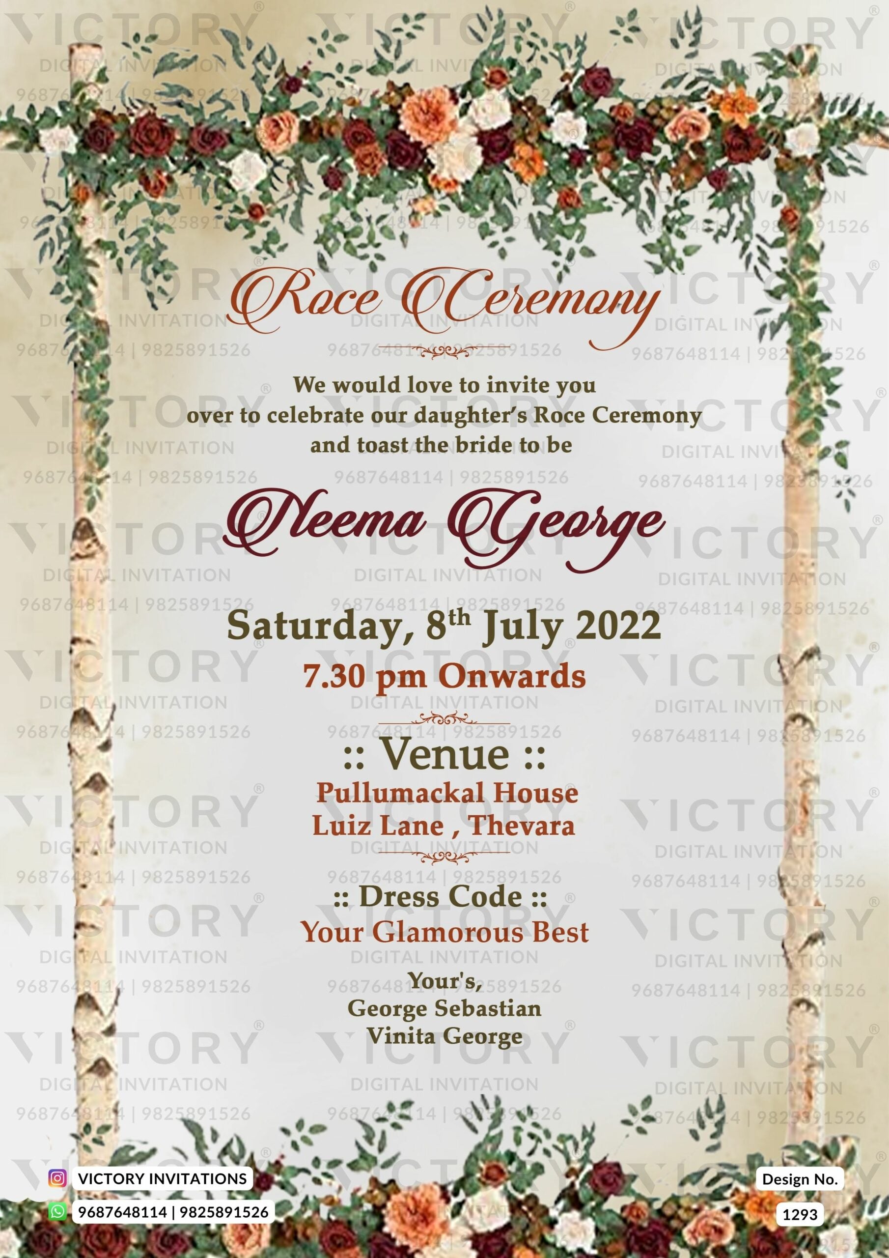 Roce ceremony invitation card in english language with flowers, frame as vintage theme design 1293