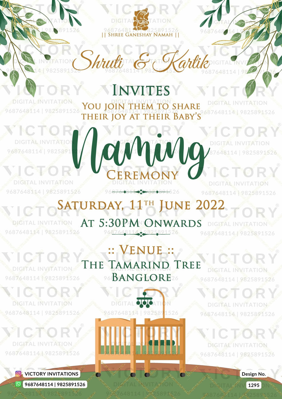 Baby Naming ceremony invitation card in english language with swing as artistic leaves theme design 1295