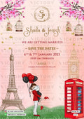 Save the Date card in english language with couple doodle as Eiffel Tower theme design 1297