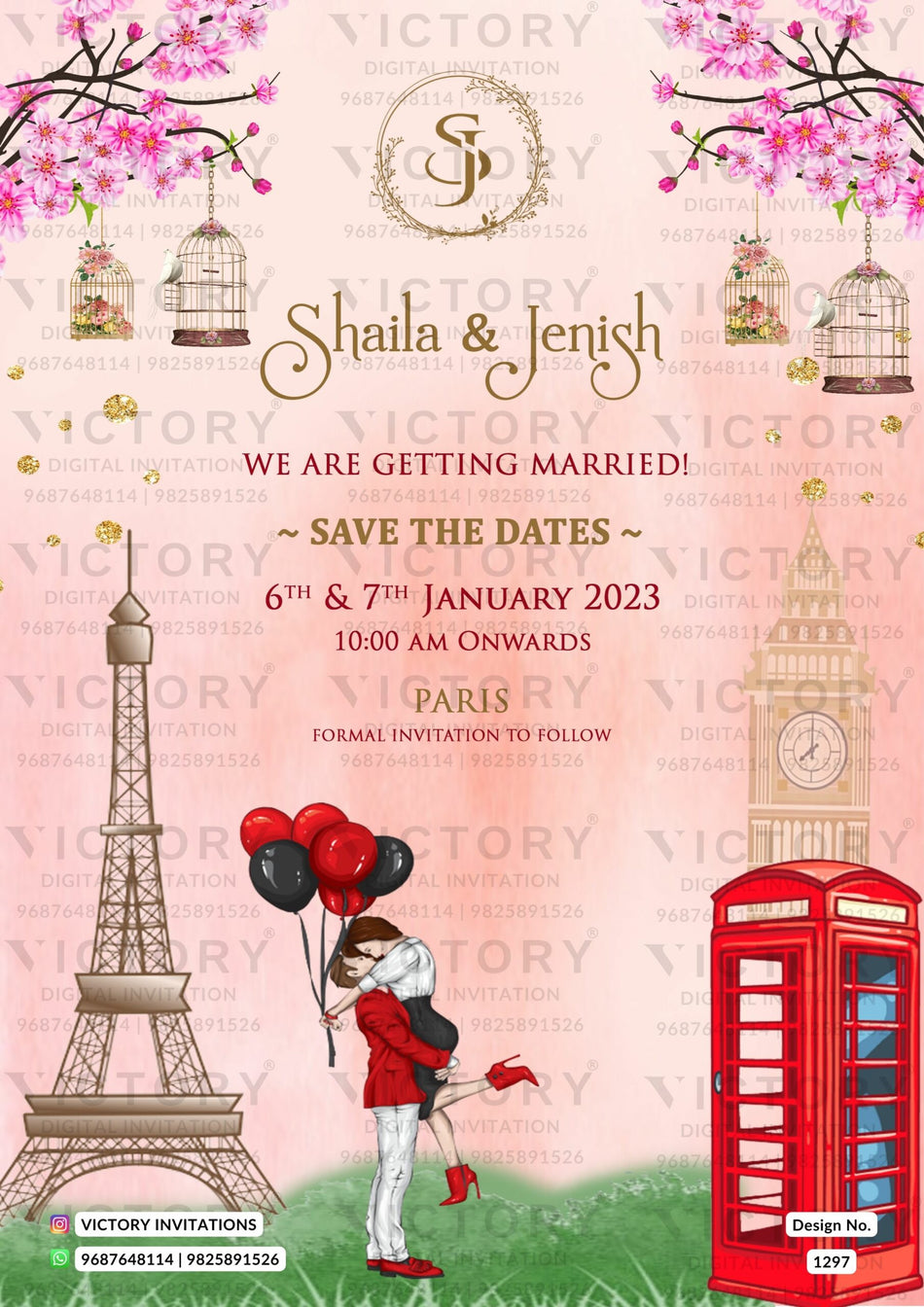 Save the Date card in english language with couple doodle as Eiffel Tower theme design 1297