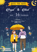 Save the Date card in english language with couple doodle as romantic theme design 1298