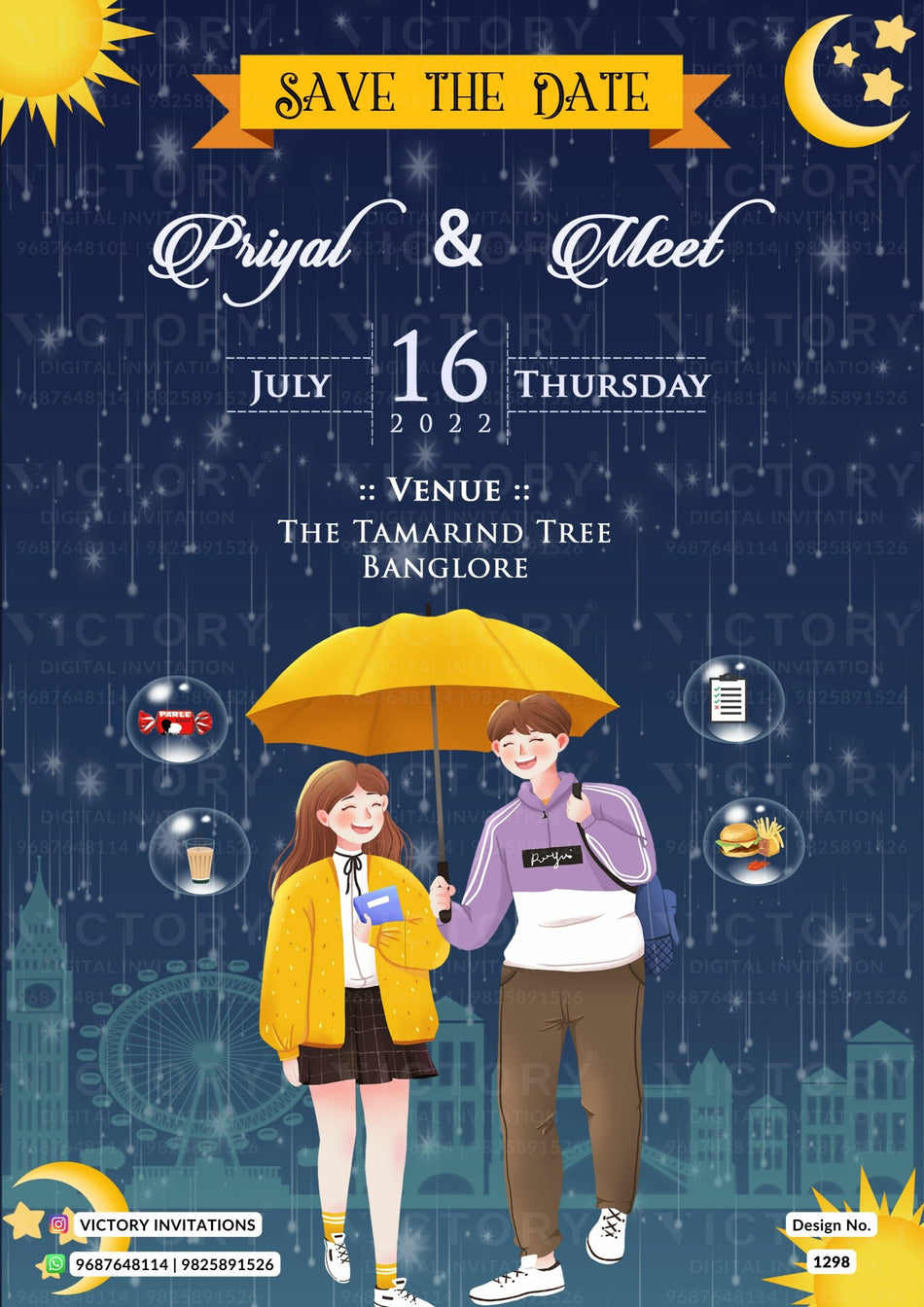 Save the Date card in english language with couple doodle as romantic theme design 1298