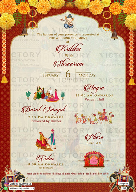 Traditional Ivory and Vibrant Shaded Vintage Theme Indian Wedding E-invitations with Classic Wedding Doodle Illustrations, Design no. 2917