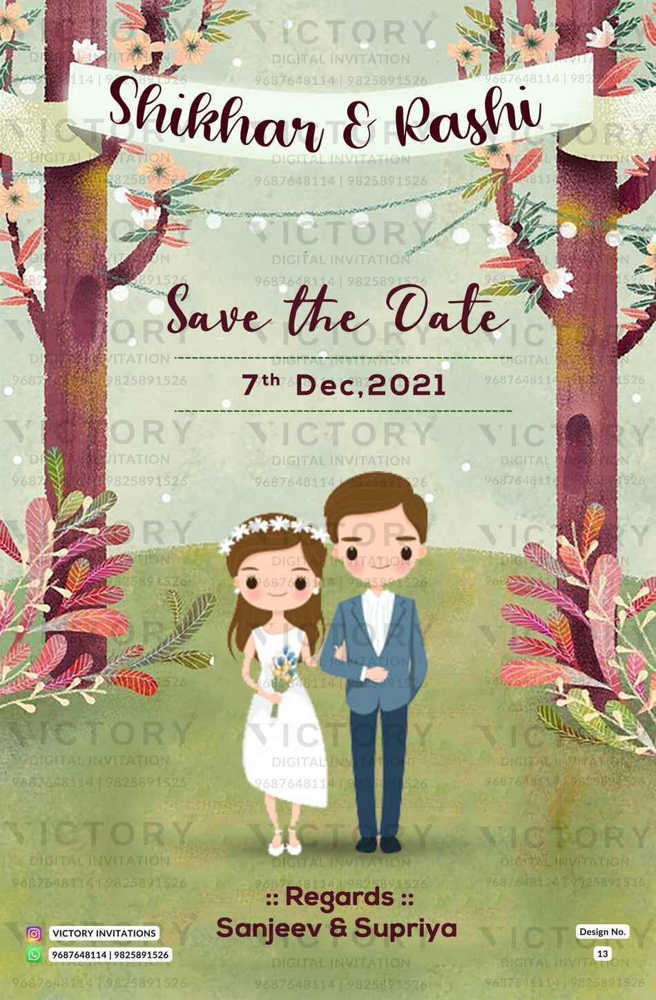 Save the Date card in english language with couple doodle as garden theme design 13
