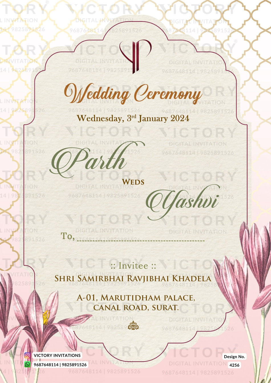 Wedding ceremony invitation card of hindu gujarati patel family in english language with arch theme design 4276