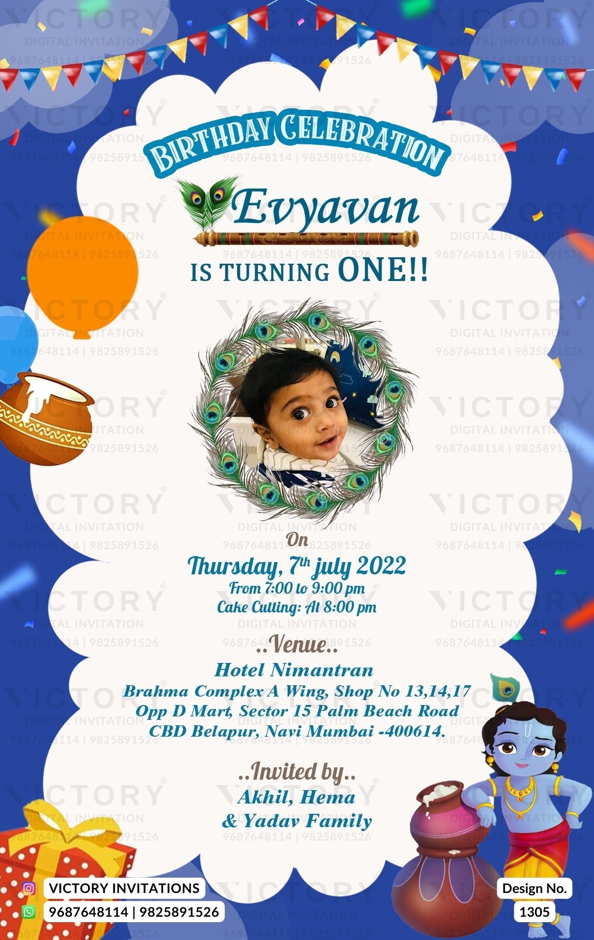 Birthday party invitation card in english language with peacock feathers as krishna theme design 1305