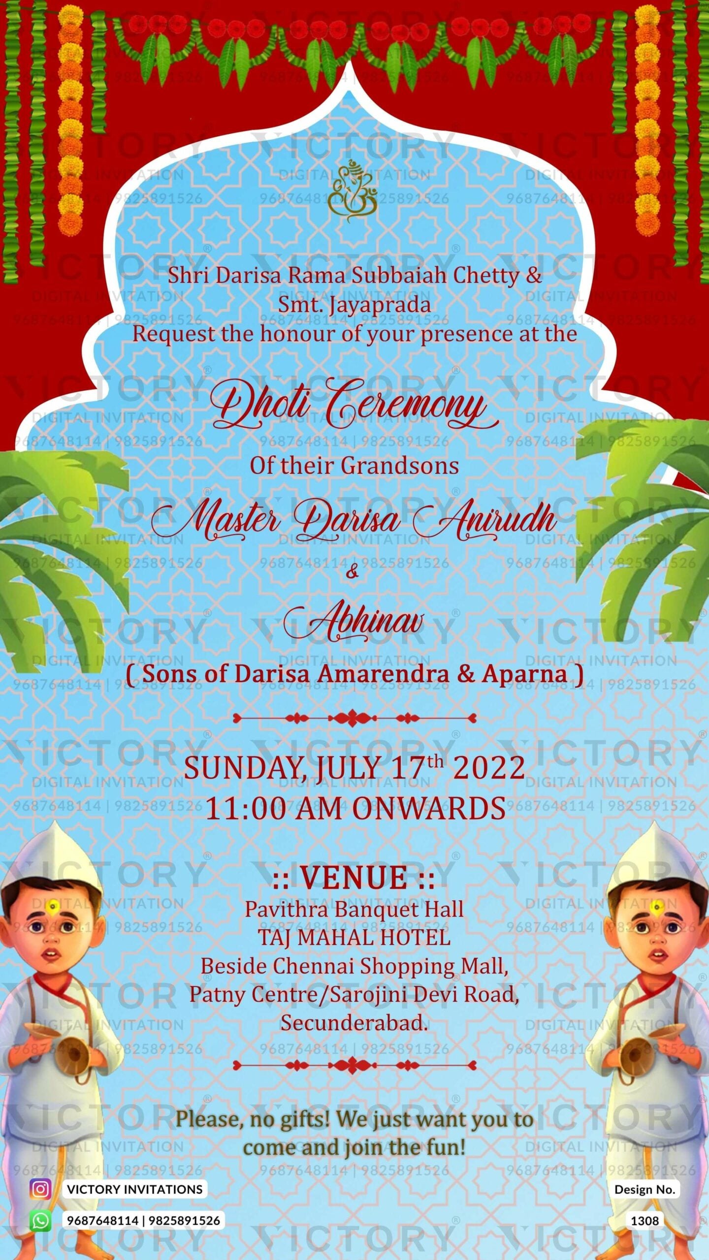 Dhoti ceremony invitation card in English language with Arch theme design 1308