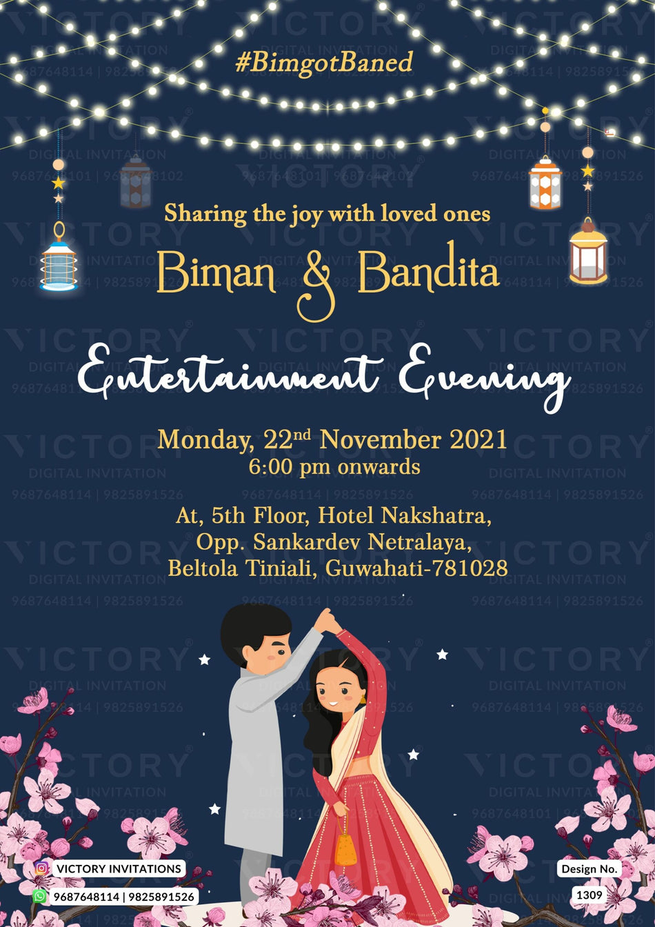 Sangeet Sandhya Ceremony invitation card in english language with string lights, couple doodle as glittery theme design 1309