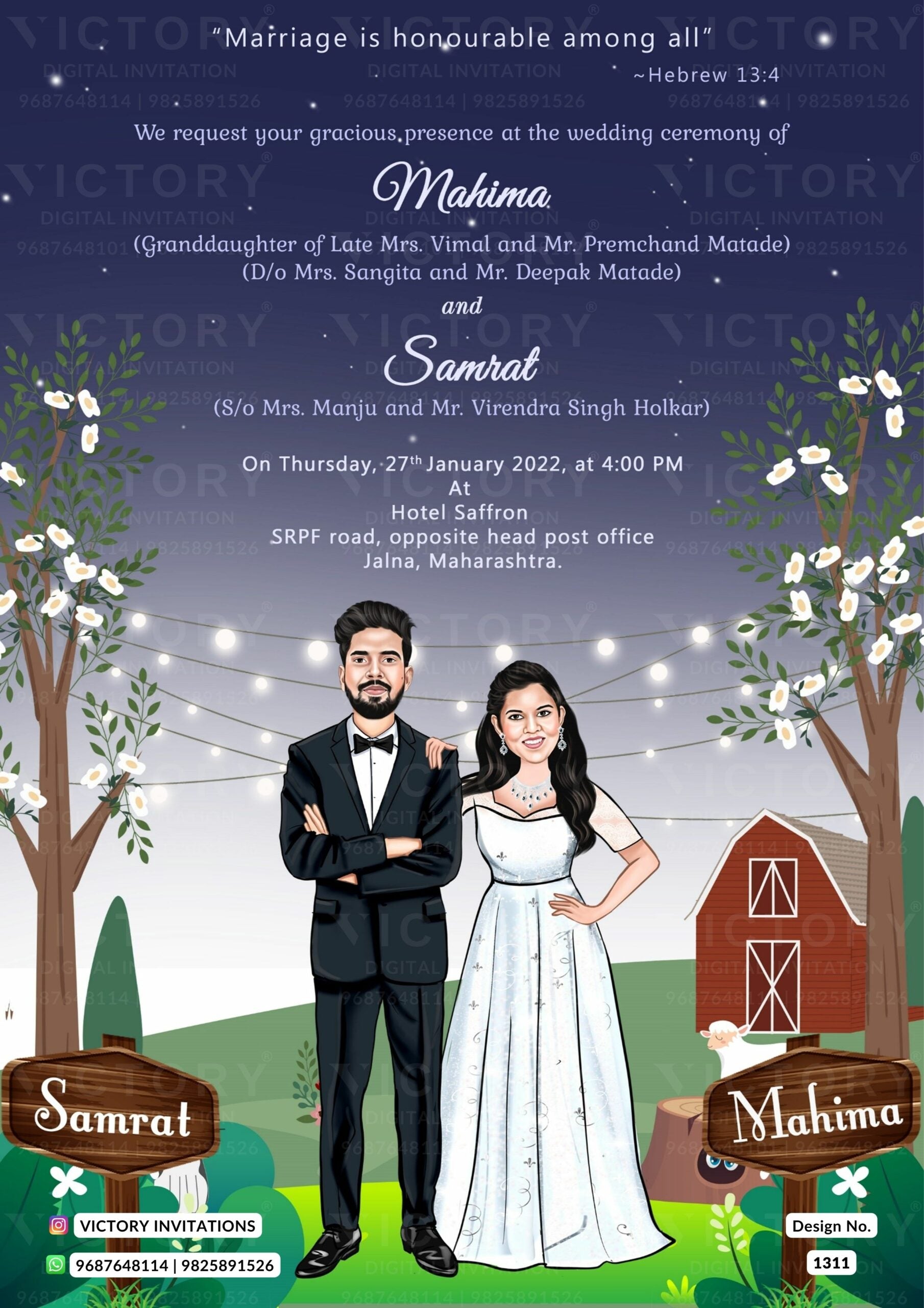 stylish couple caricature invitation card for wedding ceremony of hindu maharashtrian marathi family in english language with woodland theme design 1311